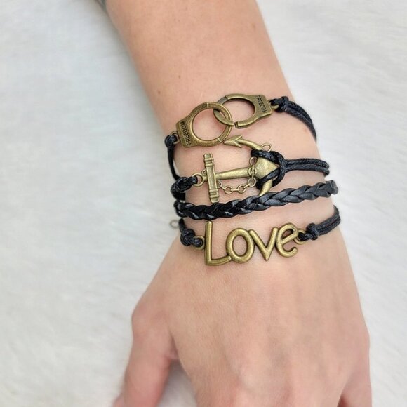 3/$20 Inspirational Black Stack Bracelet Love Anchor Freedom Hand Cuff - Picture 6 of 10